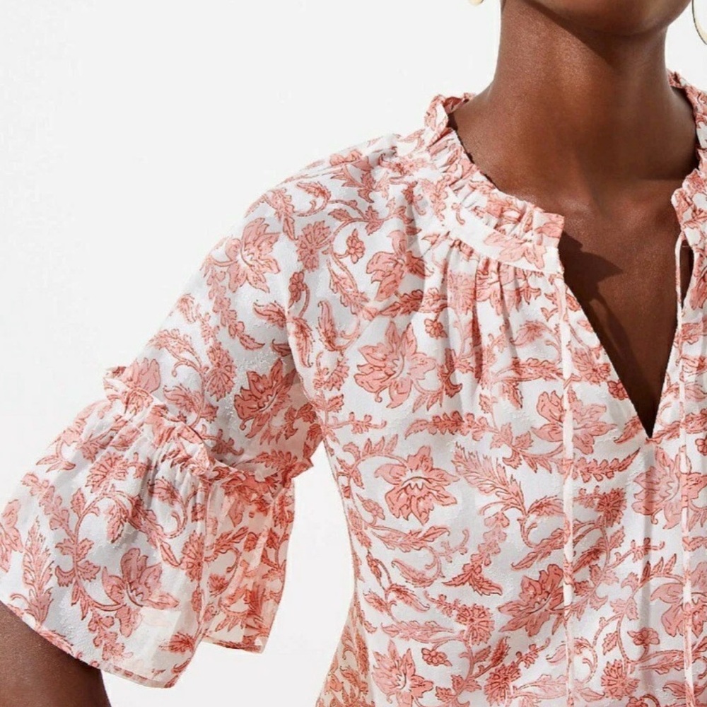 Loft floral coral ruffle cuff top, XSM - Picture 2 of 10